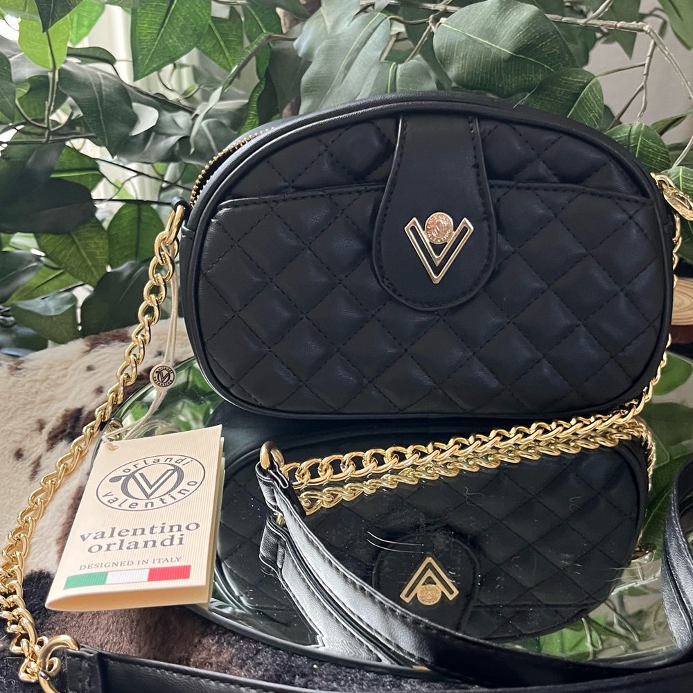 Valentino Orlandi Black Quilted Crossbody with Gold Chain